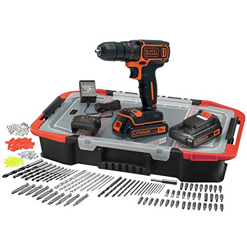 Black+Decker Akku-Bohrschrauber BDCDC18BAST-QW (18V, 1.5 Ah, Planetengetriebe, LED-Arbeitsleuchte, Softgriff, inkl. 2x Akkus, Ladegerät, 160 tlg. Zubehör-Set, im Organizer) von Black+Decker