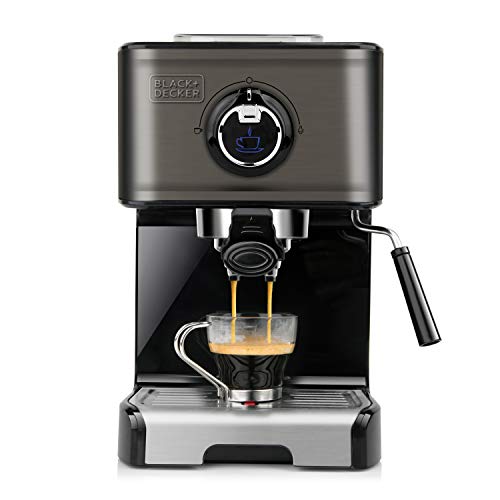 Black+Decker BXCO1200E - Espressomaschine, 15 Bar, 1.200W, Thermoblock-Schnellerhitzung, Milchaufschäumer, gemahlener Kaffee oder Kaffepads, Edelstahl, schwarz von Black+Decker