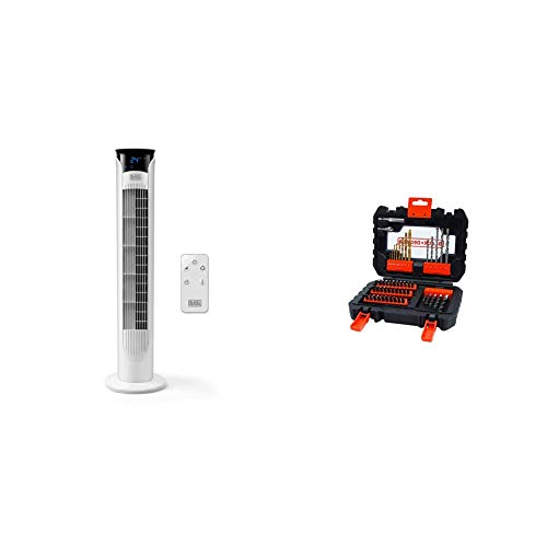 Black+Decker BXEFT48E Digitaler oszillierender Turmventilator (mit Fernbedienung, 81 cm hoch, 3 Geschwindigkeitsstufen, mit Zeitschaltuhr) + Bohrer- und Schrauberbit-Set A7232 (50-teilig) von Black+Decker