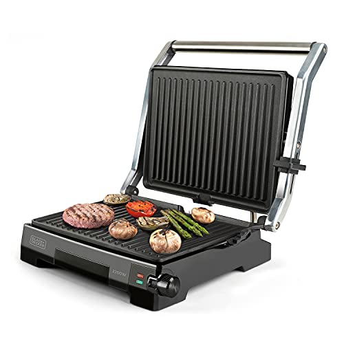 Black+Decker BXGR2200E -2-in-1: glatte Platten und Grill, Zubreiten von Fleisch, Fisch, Gemüse, 180º-Öffnung, Temperatur- und Zeitsteuerung mit LCD-Display von Black+Decker