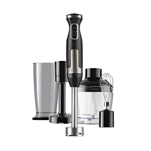 BLACK+DECKER Stabmixer | BXHBA1500E | 1500 Watt | 20 Geschwindigkeiten | Turbo | Edelstahl | Spritzschutz | Inklusive Pürieraufsatz, Schneebesen, Zerkleinerer und Messbecher von Black+Decker