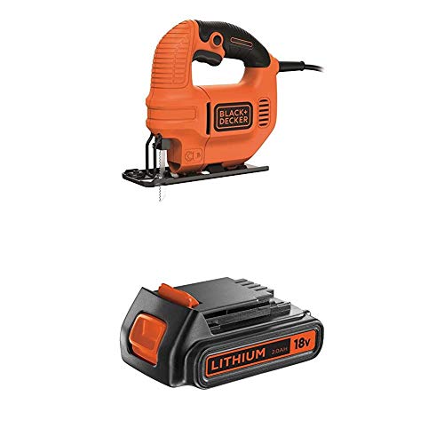 Black+Decker Elektro Kompakt Stichsäge 400W KS501 – Säge für Holz, Metall & Kunststoff mit 0/45° Gehrungsschnitt & verstellbarer Fußplatte + Black+Decker Li-Ion Slidepack Akku (18V 2,0Ah) von Black+Decker