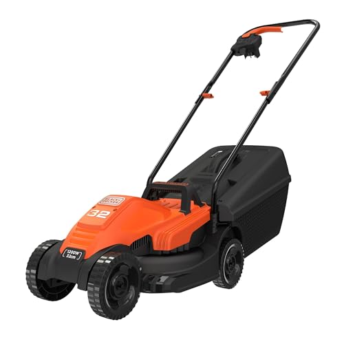 Black+Decker Elektro-Rasenmäher (1.200 W, 32cm Schnittbreite, 3-fach axial Schnitthöhenverstellung, 30l Grasfangbehälter, ideal für kleine Gärten) BEMW451, BEMW451-QS, Orange von Black+Decker