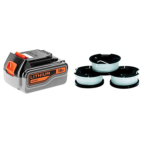Black+Decker Li-Ion Akku (18V 4,0Ah, für alle 18V / F5 Gartengeräte und Elektrowerkzeuge) & A6485 Fadenspulen (für Trimmer 3er Pack- 3 x 10 m Länge, ⌀ 1,5 mm Fadendurchmesser) von BLACK+DECKER