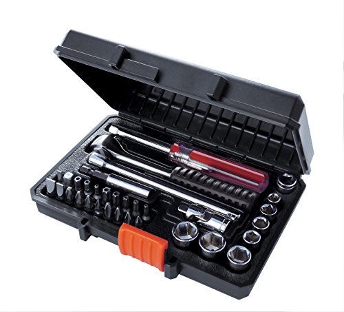 Black+Decker Mechaniker-Set A7142 (33-teilig, bestehend aus Schrauberbits, Stecknüssen, Adapter, Magnetbithalter, Umschaltknarre, inkl. 125 mm Ratschen-Verlängerung und Aufbewahrungskoffer) von Black+Decker