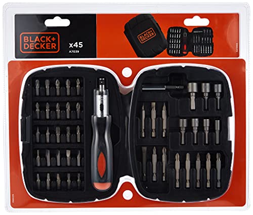 Black+Decker Ratschen-Schraubendreher & Bitset A7039 (45-teilig, 25x Schraubendreher Bits 25mm + 11x Bits 50mm; 7x Stecknüsse 5-11mm, magnetischer Bithalter, Heimwerker geeignet), schwarz von Black+Decker