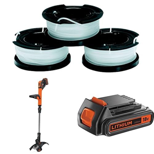 Bundle of Black+Decker A6485 Fadenspulen (für Trimmer 3er Pack- 3 x 10 m Länge, ⌀ 1,5 mm Fadendurchmesser) Mehrfarbig + Black+Decker Akku-Rasentrimmer+ Black+Decker Li-Ion Slidepack Akku) von Black+Decker