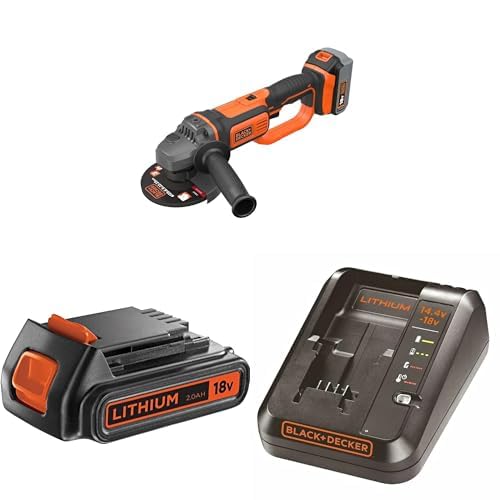 Bundle of Black+Decker BCG720N Winkelschleifer (18V, 125mm Scheiben-ø, S Slidepack Akku BL2018 (18V 2,0Ah, passend für alle Black+Decker 18V-Gartengeräte) + Black+Decker Multivolt-Schnellladegerät A von Black+Decker