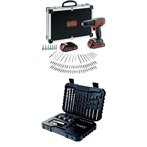 Bundle of Black+Decker BDCDC18BAFC-QW Bohrschrauber (18V, 2X Li-Ion Schiebe-Akku, Planetengetriebe, LED-Arbeitsleuchte, 1A Ladegerät, inkl. 80-TLG. Zubehör 18 V + Black+Decker Bit- und Bohrer-Set von Black+Decker