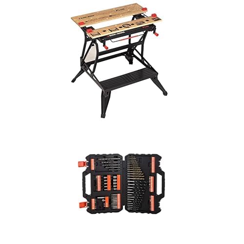 Bundle of Black+Decker Flexible Werkbank WM825 mit großer Arbeitsfläche – Bis 250 kg belastbar – Maße (Arbeitsfläche): 74,0 x 25,0 cm + Black+Decker Bohrer- und Schrauberbit-Set von Black+Decker