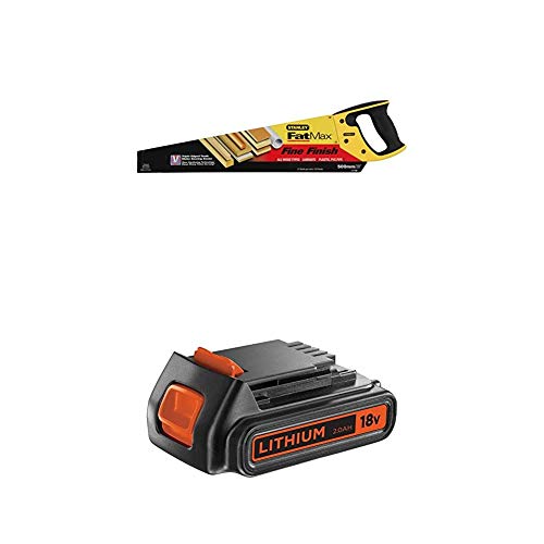 Stanley JetCut Handsäge fein (500 mm Länge, 11 Zähne/Inch, Bi-Material, Hardpoint-Verzahnung) + Black+Decker Li-Ion Slidepack Akku (18V 2,0Ah, passend für alle Black+Decker 18V-Gartengeräte) von Black+Decker