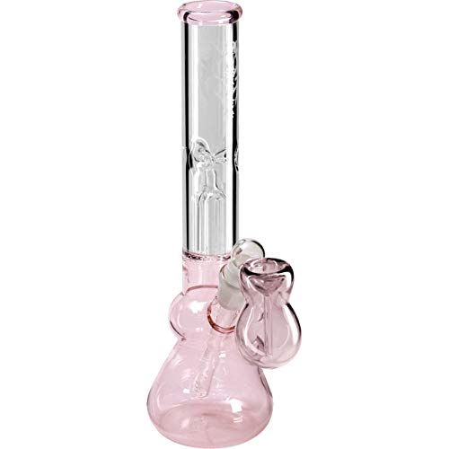 Black Leaf Icebong 30 cm | Klar/Pink mit Fly-Print | Percolator Bong NS 19/14 aus Borosilikatglas mit 3-Arm Baumperkolator & Eiskammer | Kräuter Eisbong mit Vorkühler & Diffusoradapter | Ø 40mm von Black Leaf