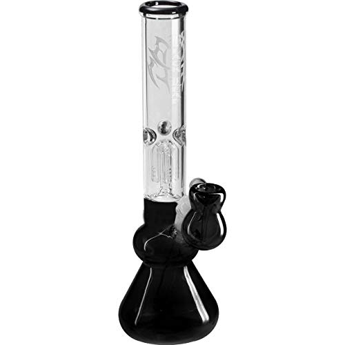 Black Leaf Icebong 30 cm | Klar/Schwarz mit Fly-Print | Percolator Bong NS 19/14 aus Borosilikatglas mit 3-Arm Baumperkolator & Eiskammer | Kräuter Eisbong mit Vorkühler & Diffusoradapter | Ø 40mm von Black Leaf