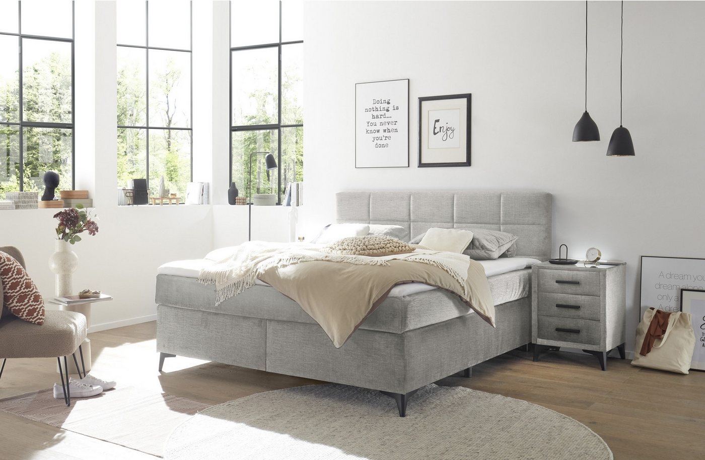 Black Red White Boxspringbett 7-Zonen, 4cm Topper, silber, Liegefl. 180x200cm - 183x113x210 (BxHxT) von Black Red White