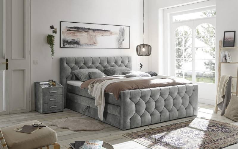 Black Red White Boxspringbett Topper, Bettkästen, hellgrau gesteppt, 180x200cm - 200x113x225cm BxHxT von Black Red White