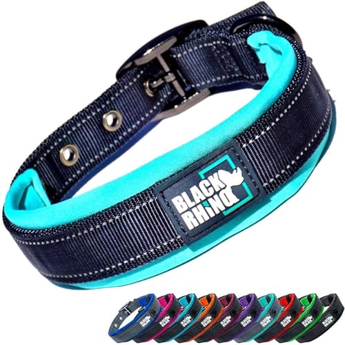 Black Rhino - Das Comfort Halsband Super Weiches Neopren Gepostertes Hundehalsband für alle Hunderassen - Hochbeanspruchbar Verstellbar Reflektierend Wetterfest (Mittel, Aqua/Grau) von Black Rhino