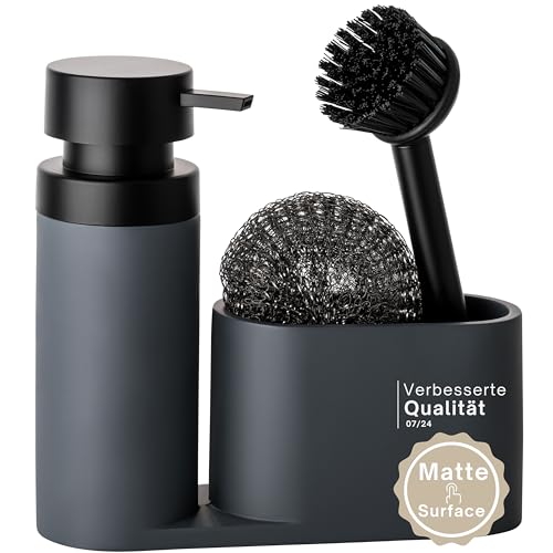 Black Sweden Home Design Spülbecken Organizer aus Kunststein mit Bürste und Stahlschwamm - Küchen Organizer Spül Set schwarz matt - Spülmittelspender grau von Black Sweden Home