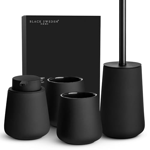 Black Sweden Home Badezimmer Set Schwarz - Hochwertiges Keramik Set - Seifenspender schwarz, Zahnputzbecher, Toilettenbürste schwarz - Nordic Design, Badaccessoires matt schwarz, Seifenspender Bad von Black Sweden Home