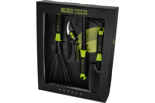 BLACK TOOLS® Garden Gartengeräte-Set 4-teilig | Pflanzkelle, Kombihacke, Gartenschere, Fächerbesen | Optimales Set für den kleinen Garten oder Balkon | Garten, Kübel, Balkonkästen, Beete von Black Tools