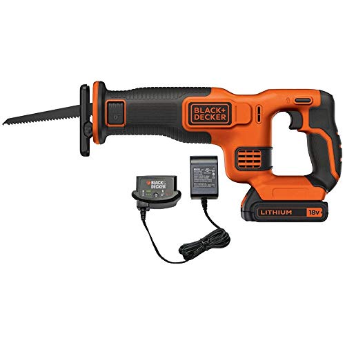 Black+Decker 18 V, 1,5 Ah Akku-Säbelsäge, 22 mm Hublänge, 110 mm Holz-Schnitttiefe inklusive Ladegerät, BDCR18 von Black+Decker