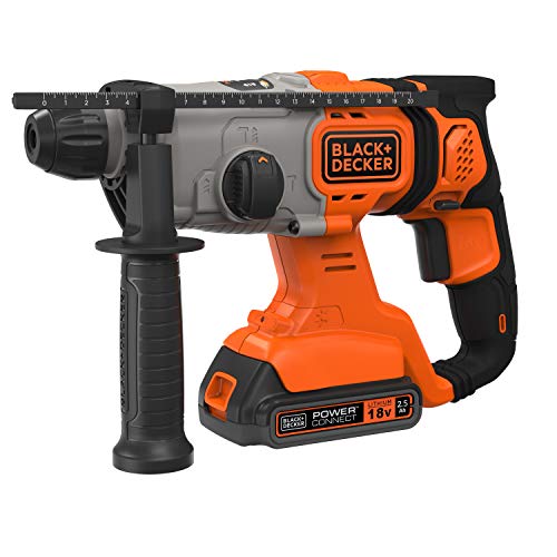 Black+Decker 18V SDS-plus Akku-Kombihammer (1,2 Joule, für effektives Bohren, Schlagbohren und leichte Meißelarbeiten, LED-Arbeitsleuchte, inkl. 2x Akkus, Ladegerät, Koffer, 1x 6mm Bohrer) BCD900E2K von Black+Decker