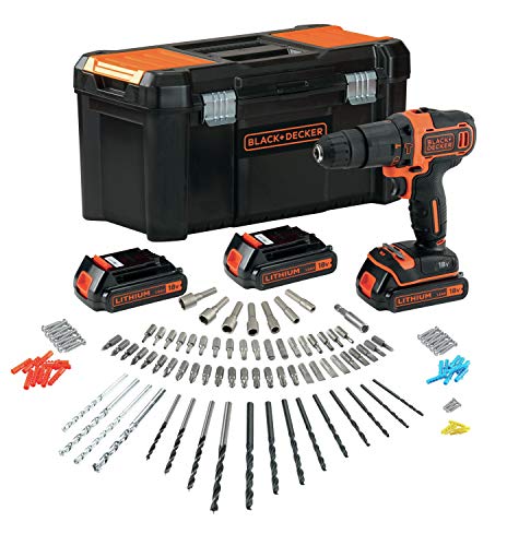 Black+Decker BDCHD181B3A-QW - Schlagbohrmaschine 18 V 1.5 Ah Lithium, 3 Akkus, Schnellladegerät, 120 Zubehöre, Werkzeugkasten von Black+Decker