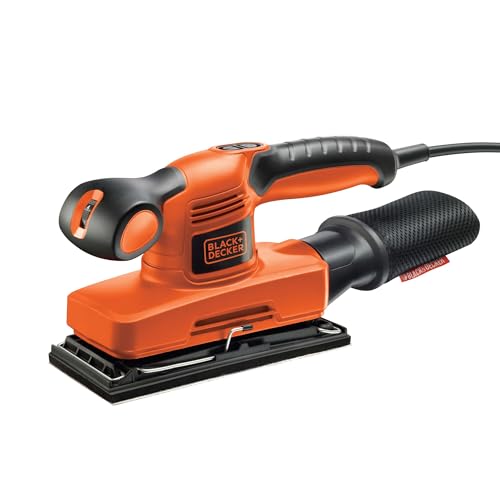 Black+Decker Schwingschleifer, Schleifmaschine (hoher Kreisdurchmesser, für große Flächen, ergonomischer Softgriff, integrierter Staubfangsack, Schleifpapier, versiegelter Schalter) KA320EKA, Orange von Black+Decker