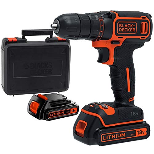 Black+Decker 1,5 Ah Akku-Bohrschrauber inklusive 2 Akku, 1 Doppelbit, 400 mA Ladegerät im Koffer, 18 V, 1 Stück, BDCDC18KB von Black+Decker