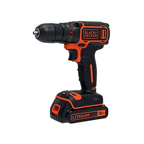 Black+Decker Akku-Bohrschrauber (mit Planetengetriebe, 18V 1,5Ah, inklusive 2 Akkus und Ladegerät im Koffer, 1 Doppelbit, Anti-Rutsch-Softgriff, LED-Arbeitslicht) BDCDC18KB von BLACK+DECKER