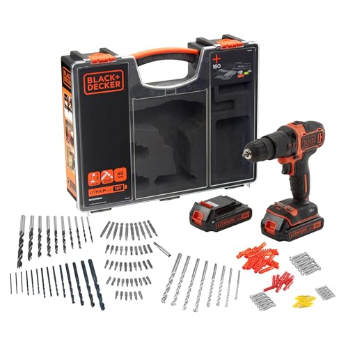 Black+Decker Akku-Schlagbohrschrauber (18V 1,5Ah, mit 2-Gang Getriebe, variable Drehmomentvorwahl, Softgriff, Doppelbit, inkl. 160tlg. Zubehör im hochwertigen Koffer) BDCHD18BOA von BLACK+DECKER