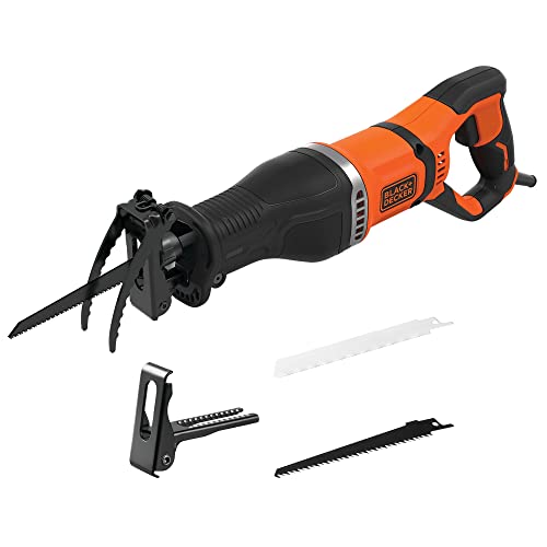 Black+Decker 750 W Säbelsäge BES301 (20 mm Hublänge, Universalsäge mit beweglichen Sägeschuh & Astklemme, für schnelle Schnitte in Holz, Metall & Kunststoff, inkl. 1 Holz- & 1 Metall-Sägeblatt) BES301-QS Schwarz/Orange von Black+Decker