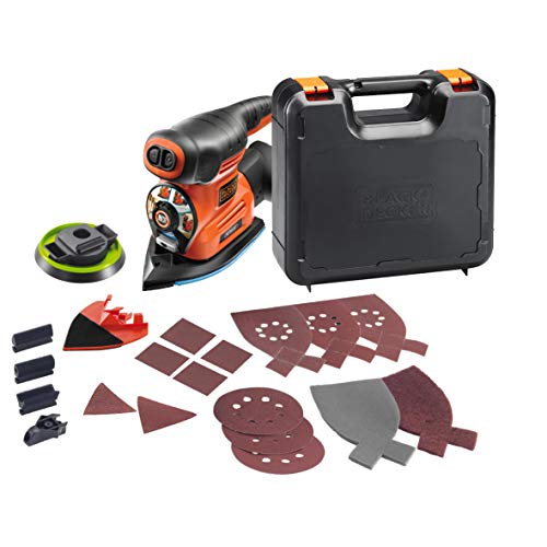 Black+Decker 4-in-1 Multischleifer (220W, mit Autoselect-Auswahl, werkzeuglosem Schleifplattenwechsel, mit Fingeraufsatz, im Koffer mit 17tlg. Schleifpapier-Zubehör-Set) KA280K von Black+Decker