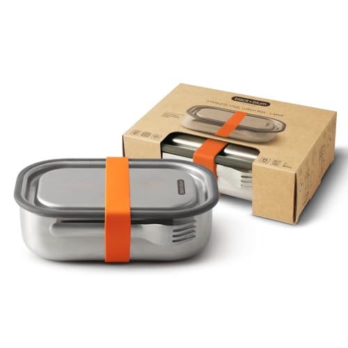 BLACK + BLUM Lunchbox Edelstahl 1L | Orange | 3-in-1 | Vakuumverschluss- 100% auslaufsicher | inkl. Göffel, Silikonband & Innenteiler | Ofen-& Gefriergeeignet | 20x14x6 cm | Brotdose mit Fächern von black+blum