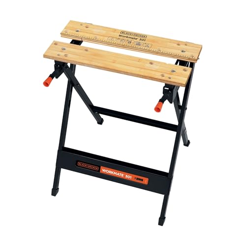 Black+Decker tragbare Werkbank WM301 (freistehend, Abmessung der Arbeitsplatte: 610x250 mm, max. Tragkraft: 160 kg, verstellbare Spannbacken & Klemmelemente) von Black+Decker