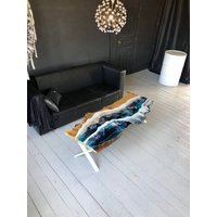 Coutry Style Ocean Epoxy Resin Tisch Blauer Couchtisch Live Edge Slab Sofa Benutzerdefinierte Holztischplatte Akzent Büromöbel von BlackLoftEpoxy