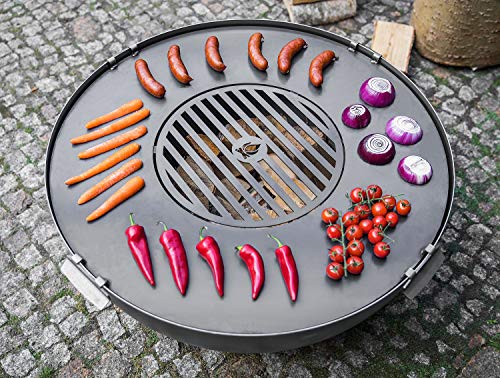 BlackOrange Grillplatte aus Stahl Ø 98 cm mit Feuerloch/Grillrost Ø 46 cm und 4 stabil verschweißte Haltegriffe/Absicherungsklappen für Feuerschalen mit Ø 100 cm von BlackOrange