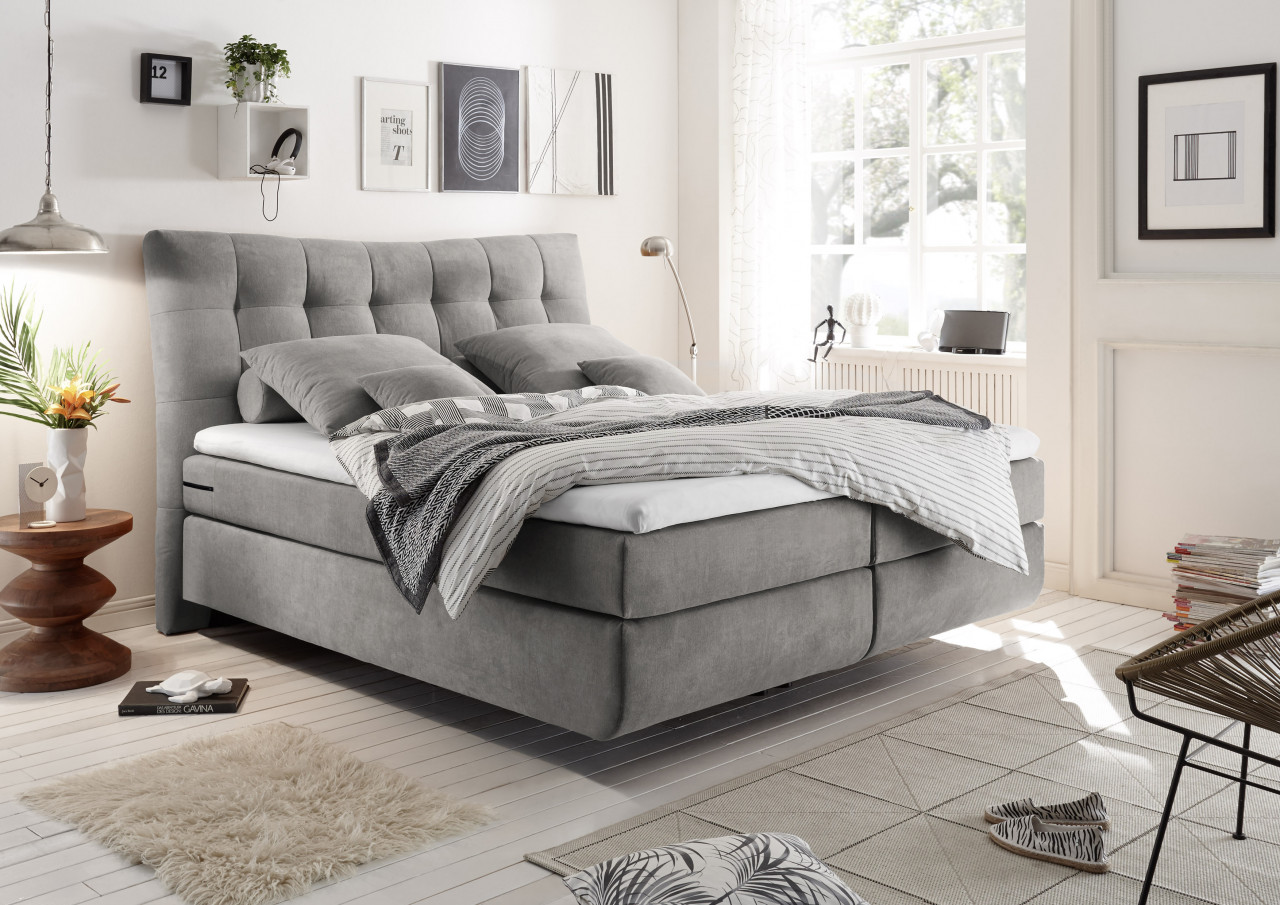 BlackRedWhite Malibu Boxspringbett 180 x 200 cm Soro 90 Light Grey Luxus-Mikrofaser von BlackRedWhite