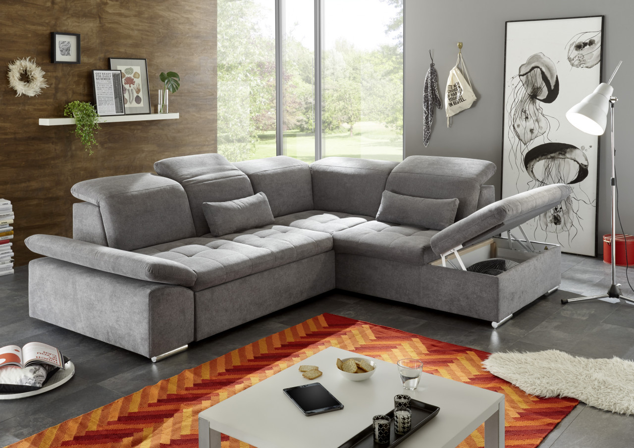 BlackRedWhite Wayne Ecksofa mit Schlaffunktion Uran 03 Dark Grey Luxus-Webstoff Flachgewebe von BlackRedWhite