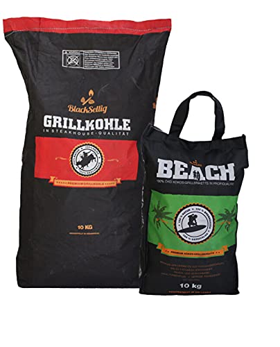 BlackSellig 10 Kg Beach Kokos Grill Briketts + 10 Kg Steakhouse Kohle + 50 Stück natürliche Anzünder perfekte Profiqualität von BlackSellig