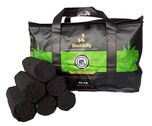 BlackSellig 10 Kg Stangen Kokos Grill Briketts XXL Reine Kokosnussschalen Grillkohle - perfekte Profiqualität von BlackSellig