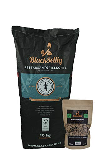 BlackSellig 10 kg Restaurantgrillkohle nachhaltiger Forstwirtschaft + 360 g Räucherchips aus 4 verschiedenen Aromen wählbar - perfekte Profiqualität von BlackSellig