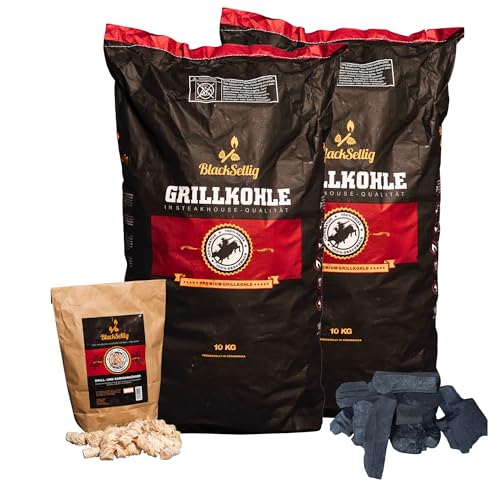 BlackSellig Steakhouse Grillkohle - Premium Quebracho Blanco Holzkohle | Lange Brenndauer | Hohe Hitze | Geringe Rauchentwicklung (20kg + 50 Anzünder) von BlackSellig