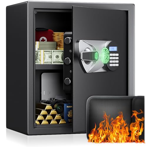 Tresor, BlackSmith Safe Tresor für Zuhause 33x33x36cm, Biometrischer Fingerabdruck Digitaler Zahlencode Safebox mit Doppelte Warnung, Feuerfeste Tasche, Möbeltresor Wandtresor für Büro Hotel von BlackSmith