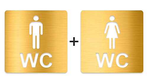 3D WC Schild, Metall-Optik, Hochglanz/Matt, selbstklebend, Damen, Herren, Türschild, Hinweisschild, Toilette, Acryl/Holz (Set, Gold (gebürstet)) von Blacked LaserTEC