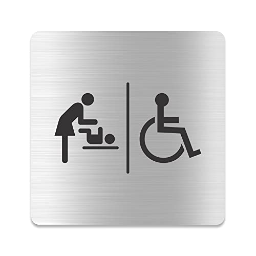 Blacked LaserTEC Leitsysteme - Acryl Schild - Eckig 12 x 12 cm - Selbstklebend - Silber gebürstet - Metall-Optik - UV beständig - Für Innen und Außen (WC Rollstuhl-Wickelraum-Kombination) von Blacked LaserTEC