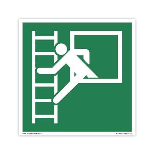 Schild Rettungszeichen 100x100mm - DIN EN ISO 7010 - ASR A1.3-10x10cm für Innen und Aussen - PVC Aufkleber - selbstklebend (25, E016 Notausstieg mit Fluchtleiter) von Blacked LaserTEC