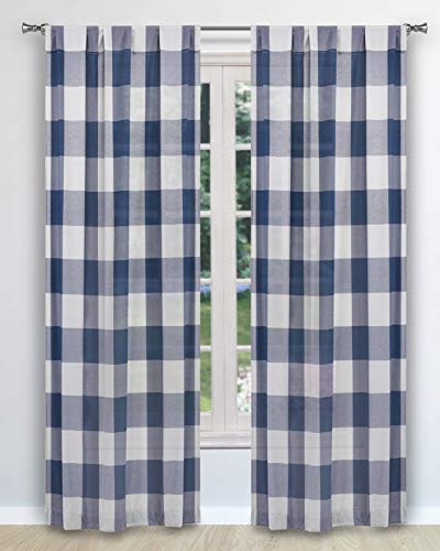 Blackout 365 Aaron Buffalo Check Window Curtain, 37" W x 84" L, Navy Pole Top von Blackout 365