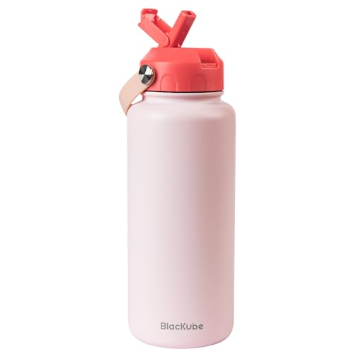 Blackube Edelstahl Trinkflasche mit Strohhalm 1000ml-Thermosflasche Thermoskanne - BPA-Frei, Auslaufsicher, Große Trinkflasche aus Metall für Sport, Schule, Fitness, Outdoor, Camping-Eisrosa von Blackube