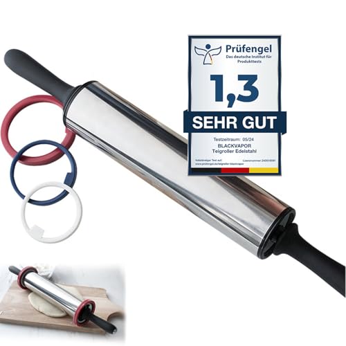 BLACKVAPOR® Nudelholz Edelstahl für Profis - garantiert die besten Ergebnisse - Premium Teigroller mit Abstandshalter - spülmaschinenfest - ermöglicht müheloses Ausrollen von Teig von Blackvapor