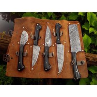 Handgefertigtes Damaststahl Kochmesser-Set Büffelhorngriff, Küchenmesser von Bladehood